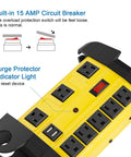Heavy Duty Metal Power Strip With USB Ports 8 Outlets 2700 Joules Surge Protector Pro Grade Industrial, yellow with 15 Amp breaker