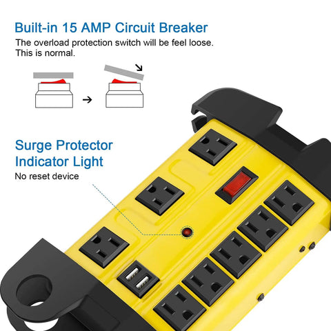 Heavy Duty Metal Power Strip With USB Ports 8 Outlets 2700 Joules Surge Protector Pro Grade Industrial, yellow with 15 Amp breaker