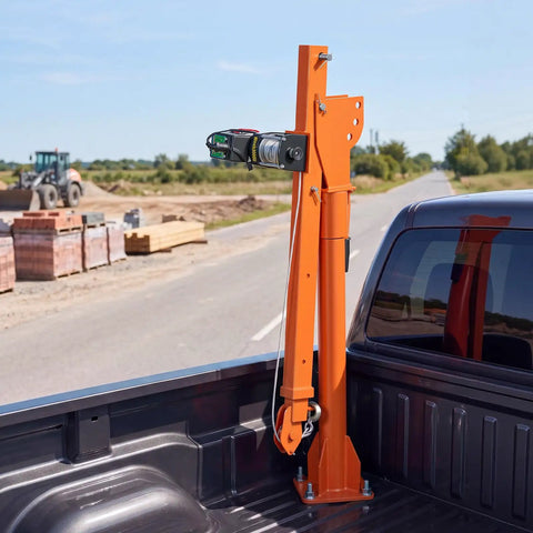 VEVOR 1100 Lb Electric Truck Crane For Pickup Bed With Foldable Telescopic Boom and 360 Rotation in orange mounted on truck bed.