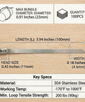 Heavy Duty 304 Stainless Steel Zip Ties, 4 Inch, 100 Pack specifications and dimensions
