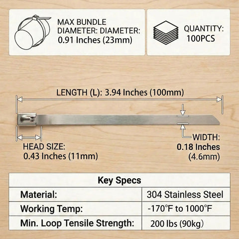 Heavy Duty 304 Stainless Steel Zip Ties, 4 Inch, 100 Pack specifications and dimensions