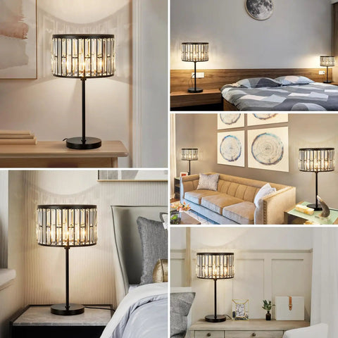 Sleek 21.6 Inch Black Industrial Bedside Lamp With Crystal K9 Shade, 3 Color Changing Mood Lighting, shown in different rooms