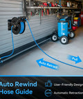 Retractable Air Hose Reel With Fifty Feet Of Three Eighths Inch Hybrid Hose Auto Rewind Heavy Duty Steel Construction 300 PSI Max Ceiling Or Wall Mount Garage Ready For Quick Hookups In Garage Workshop And Home Studio installed on wall in garage.