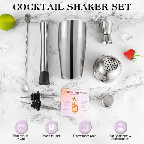 All In One 6 Piece Cocktail Shaker Set With 24 Oz Shaker Muddler Jigger Spoon And Pourers Pro Grade 18 8 Stainless Steel