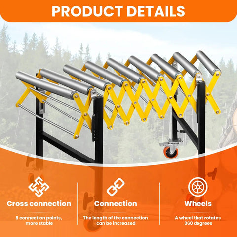 Heavy Duty Commercial Expandable Roller Stand With 700 Lbs Capacity, Adjustable Gravity Conveyor System For Workshop Material Handling, details of rollers and connections.