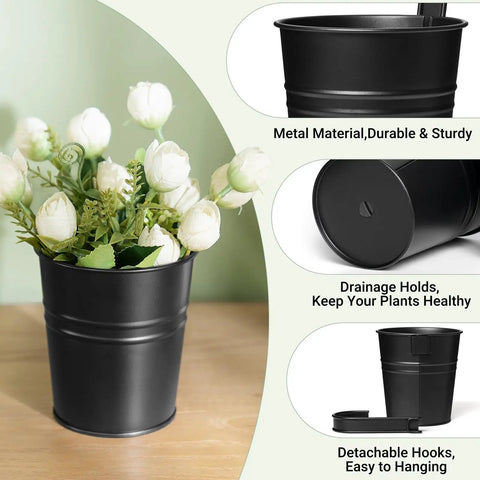 5 Pack 4 Inch Hanging Flower Pots Metal Dope Planters For Railing Fence Balcony And Garden Outdoor Decor With Detachable Hooks Ideal For Herb And Flower Gardens In Black