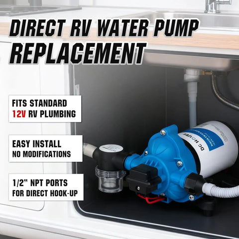 Quiet 12V RV Water Diaphragm Pump Replacement For Camper Marine Boat Travel Trailer And Off Grid Use On Demand Self Priming