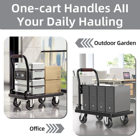 Foldable Push Cart Platform Cart With 360 Degree Swivel Wheels loaded with boxes and equipment in office and outdoor garden