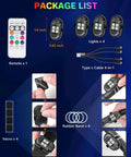 Upgraded Four Pack Wireless LED Lights For Car With Remote Rechargeable Waterproof Eight Color Interior Car Lights Mini LED Strobe Lights For Vehicle Drone Motorcycle Bike For Car Buffs package contents including remote, lights, USB-C cable, Velcro, and rubber bands.