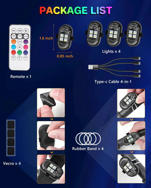 Upgraded Four Pack Wireless LED Lights For Car With Remote Rechargeable Waterproof Eight Color Interior Car Lights Mini LED Strobe Lights For Vehicle Drone Motorcycle Bike For Car Buffs package contents including remote, lights, USB-C cable, Velcro, and rubber bands.
