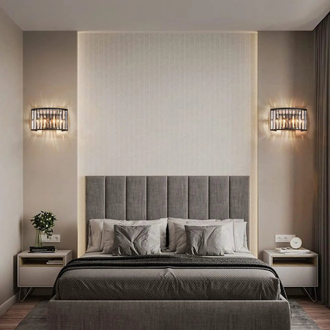 Modern K9 Crystal Wall Sconce Flush Mount LED Light With Matte Black Finish And Two Elegant Fan Shades for bedroom decor