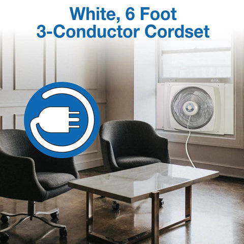 Room with 16-Inch Window Fan with Storm Guard, built tough with impact-resistant plastic housing, delivers beastly air circulation.