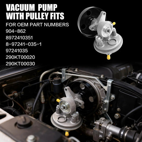 DWLDMLWC 904-862 vacuum pump with pulley installed on Isuzu NPR-HD engine bay (1995–2020)