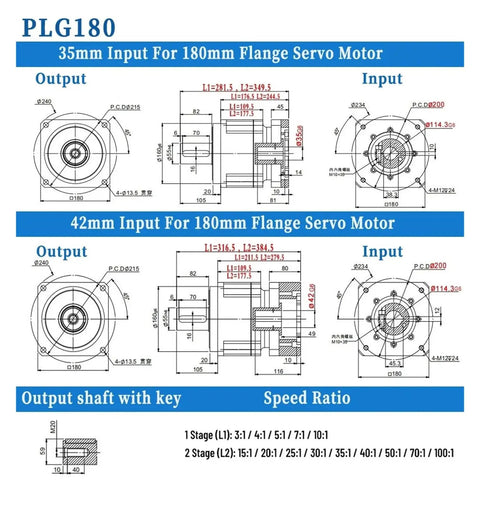 Heavy Duty Planetary Gearbox For 180 Flange Servo Motors Delivers Smooth Power With Ratios From Three To One Hundred dimensions and specifications image.