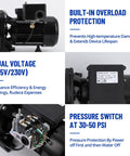 1.75 HP Cast Iron Shallow Well Jet Pump 2070 GPH Above Ground Booster Water Transfer Pump with dual voltage and pressure switch details