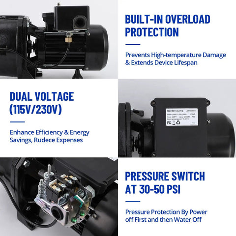 1.75 HP Cast Iron Shallow Well Jet Pump 2070 GPH Above Ground Booster Water Transfer Pump with dual voltage and pressure switch details