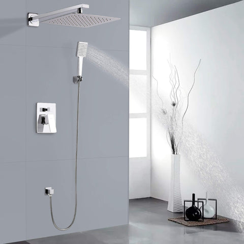 Rainfall Shower System With 10 Inch Rain Head And High Pressure Handheld Shower Head, Chrome Finish, Square Wall Mount Trim Kit