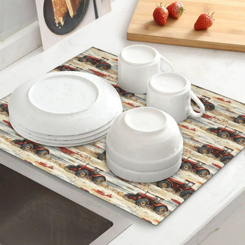 Wood Grain Tractor Print Dish Drying Mat For Kitchen Counter With Ultra Absorbent Microfiber Surface, stacked plates and cups
