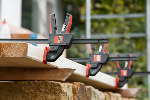 Beefy 12 Inch Trigger Clamp Set With 600 Lb Clamping Force, Model EHKXL12 clamping wood, perfect for woodworking, carpentry projects.
