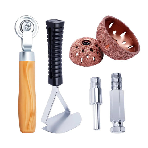 Pro Grade Tire Patch Repair Kit with tungsten steel buffing wheels, patch roller, 42mm and 55mm scraping cutter for tire repair.