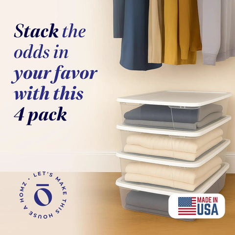 4 Pack SnapLock Clear Plastic Storage Bins With Lids 28-Quart Stackable Containers organized in a closet with folded clothes