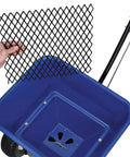 Walk Behind Universal Spreader With 100 Lb Capacity showing metal wire screen over blue plastic hopper