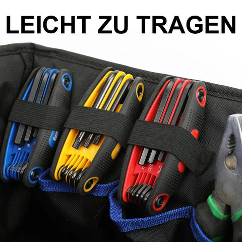 Foldable 25 Piece Hex Key Set With SAE Metric Torx 270 Degree Swivel For DIY in pouch with blue, yellow, red handles