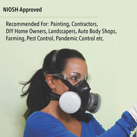 Person wearing Reusable Half Mask Respirator For Paint Spray And Pesticides With OV Cartridges And R95 Filters, Convenience Pack