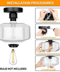 Heavy Duty Industrial Semi Flush Mount Ceiling Light With Tough Matte Black Frame And Authentic Seeded Glass Cover installation steps, E26 bulb socket included.