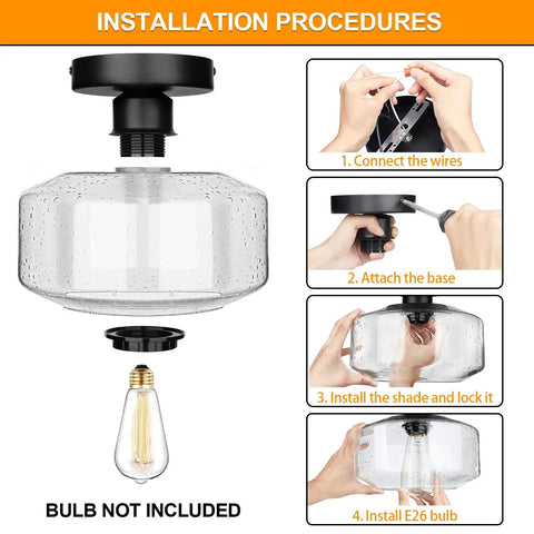 Heavy Duty Industrial Semi Flush Mount Ceiling Light With Tough Matte Black Frame And Authentic Seeded Glass Cover installation steps, E26 bulb socket included.