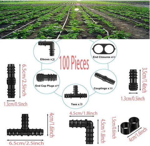 100Pcs Drip Irrigation Connectors Fittings Kit For One Half Inch Tubing Including 30 Tees 30 Couplings 20 Elbows 10 End Closures