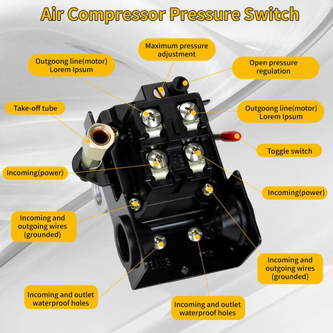 Four Port Air Compressor Pressure Switch For Pros And DIYs, Wide 95 To 125 PSI Range, 20 Amp Operation, front view with labels