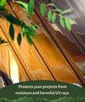 Close-up of exterior wood stained with Top Shelf Penetrating Exterior Wood Stain In Acorn Brown 5 Gallon, showcasing moisture protection.