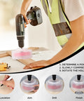 Person using 6-1/8 Inch Hole Saw Kit For Recessed Lights And Can Lights With Dust Bowl Dust Collection on wood surface with drill