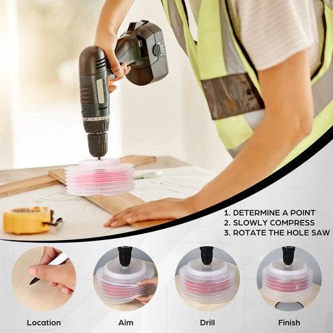 Person using 6-1/8 Inch Hole Saw Kit For Recessed Lights And Can Lights With Dust Bowl Dust Collection on wood surface with drill
