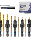 Countersink Drill Bit Set For Wood With Dual Flute 82 Degree Countersink, Five HSS Bits, Replacement Bits, Magnetic Extension Bit Holder, Hex Wrench, Adjustable Depth Pilot Hole, And Compact Storage Box displayed with components.