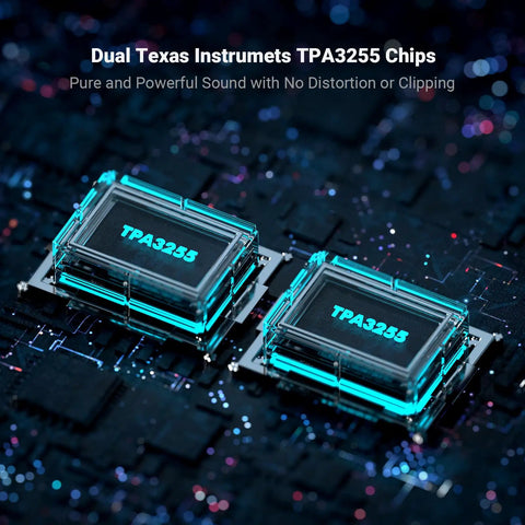 Image of dual Texas Instruments TPA3255 chips, integrated on a circuit board, designed for the BT30D Pro subwoofer amplifier.