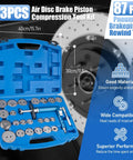 Brake caliper piston wind-back pneumatic tool kit in open blue case, 23-piece set with metal discs and adapters.