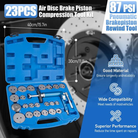 Brake caliper piston wind-back pneumatic tool kit in open blue case, 23-piece set with metal discs and adapters.