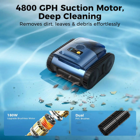 Cordless Inground Pool Vacuum Robot For Floors Walls Waterline Drain Cleaning 2150 Sq Ft Coverage With 180 Min Runtime, Quick 3 Hour Charge, 180W Brushless Motor, Beast Mode Automatic Pool Cleaner For Spa And Pool with 4800 GPH suction motor on pool floor.
