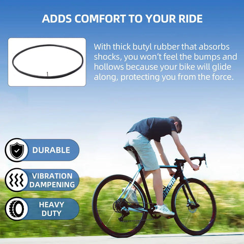 Six Pack Replacement Road Bike Inner Tubes, 28 Inch 700x20-25C, 80mm Brass Presta Valves illustration and cyclist on road.