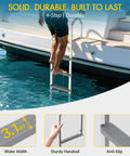 Heavy Duty Aluminum Dock Ladder Beefy Build With 500 Pound Capacity, Four Step, Non Slip Wide Steps For Wet Surfaces, Removable Design, Sturdy Frame That Will Not Wobble, Easy Setup For Boats, Docks, Or Piers. 4-step aluminum dock ladder with 3.1-in wide anti-slip steps on a boat.