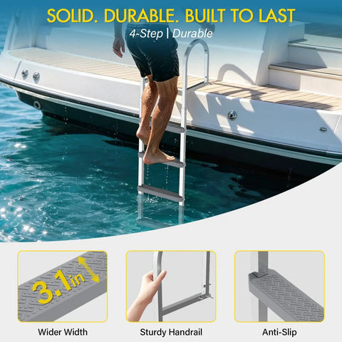 Heavy Duty Aluminum Dock Ladder Beefy Build With 500 Pound Capacity, Four Step, Non Slip Wide Steps For Wet Surfaces, Removable Design, Sturdy Frame That Will Not Wobble, Easy Setup For Boats, Docks, Or Piers. 4-step aluminum dock ladder with 3.1-in wide anti-slip steps on a boat.