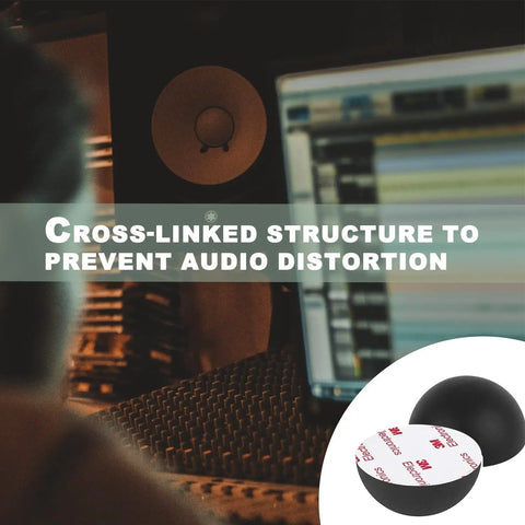 1.25 Inch Speaker Isolation Pads With Adhesive Rubber Feet Four Pack for Subwoofers shown under studio speakers.