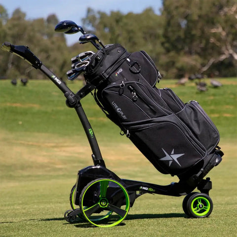 Top Tier Electric Golf Push Cart Bundle With All Terrain Folding Caddy showcasing black golf bag on cart with green wheels.