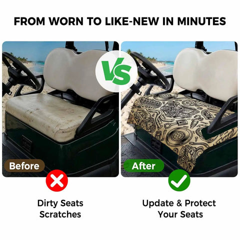 Before and after images of golf cart with Two Seater Golf Cart Seat Covers Microfiber Towel Blanket With Vintage Car Engine Print.
