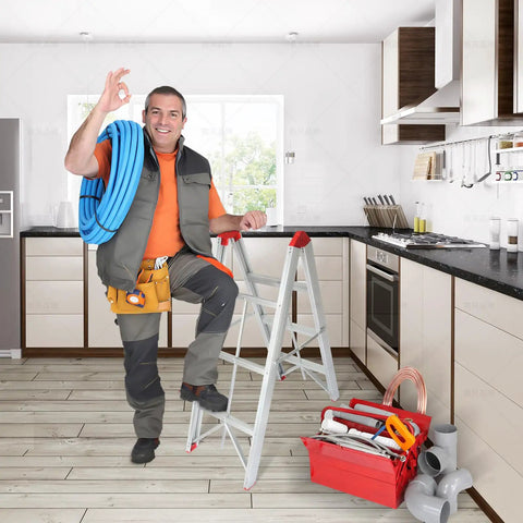 3 Step Folding A Frame Ladder, Portable Lightweight Aluminum, Dual Axis Fold Design, Ultra Compact Grab And Go For Home, Garage And DIY Projects, Easy To Carry And Store, Sturdy High Strength Construction For Safe Reaching in kitchen with worker