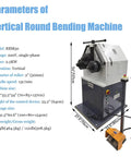 Heavy Duty Vertical Electric Rolling Bending Machine With Slick Pinch Roll Setup And Rock Solid Ring Forming Capability On No Sweat 220V Single Phase Power dimensions displayed with control device and three rollers.