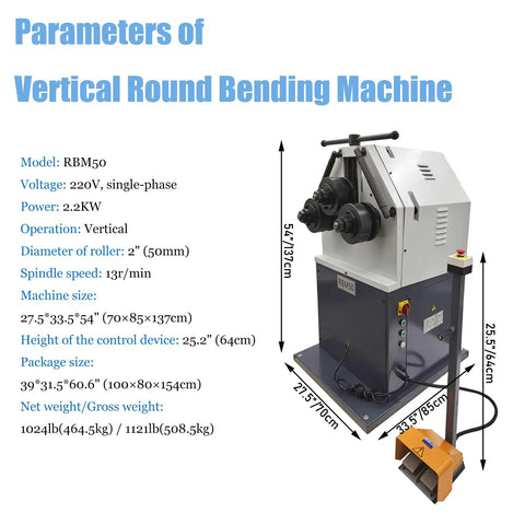Heavy Duty Vertical Electric Rolling Bending Machine With Slick Pinch Roll Setup And Rock Solid Ring Forming Capability On No Sweat 220V Single Phase Power dimensions displayed with control device and three rollers.