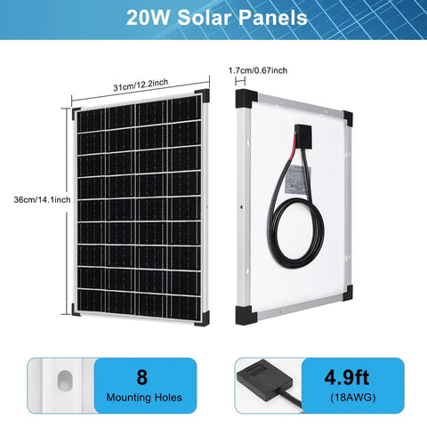 20W Monocrystalline Solar Panel Kit With 12V 10A Battery Maintainer And Charge Controller front and side view
